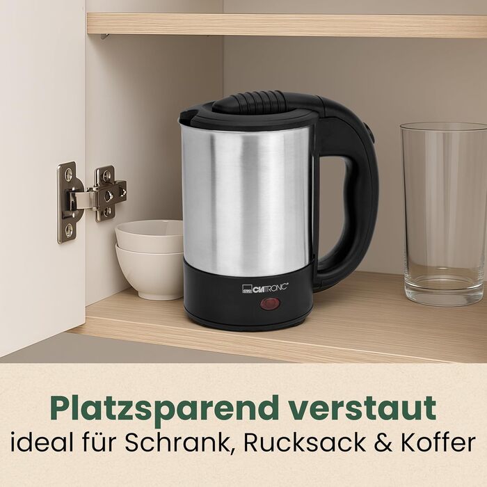 Електричний чайник Clatronic WKS 3692: 1,5 л, нержавіюча сталь, без BPA, для дому та подорожей (з чашкою)