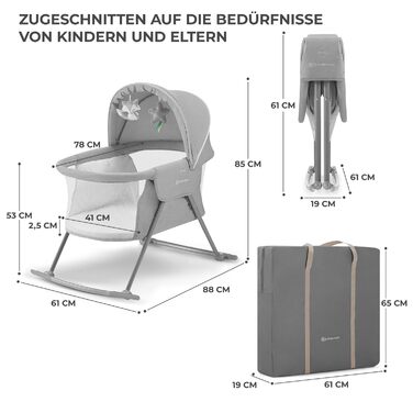 Kinderkraft 3-in-1 Crib LOVI, Travel Crib, Moses Basket, Baby Bassinet, Baby Bouncer, Foldable, Easy Transport, with Accessories, Bag, Mosquito Net, from Birth to 9 kg, Grey Grey Single