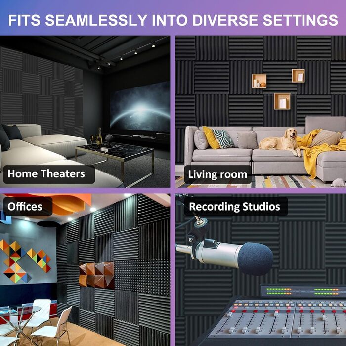 Акустичні пірамідні панелі JBER для звукоізоляції студії, вогнестійкий шумопоглинаючий поролон (12 шт), 30х30х2.5 см, чорний