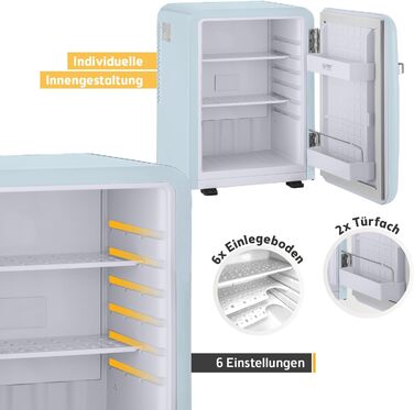 Холодильник мініатюрний TZS First Austria Retro 40L, блакитний. Безшумний, з підсвіткою та 2 полицями. Ідеально для кемпінгу, офісу, спальні, готелю.