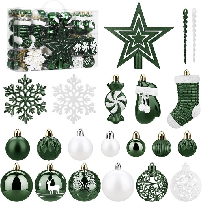 Набір ялинкових прикрас SOLEDI® 128 шт. Преміум якість, пластикові кулі білого кольору з зіркою, міцні та безпечні, набір прикрас з гачками, кольорові ялинкові кулі, багаторазовий декор на Різдво (зелений)