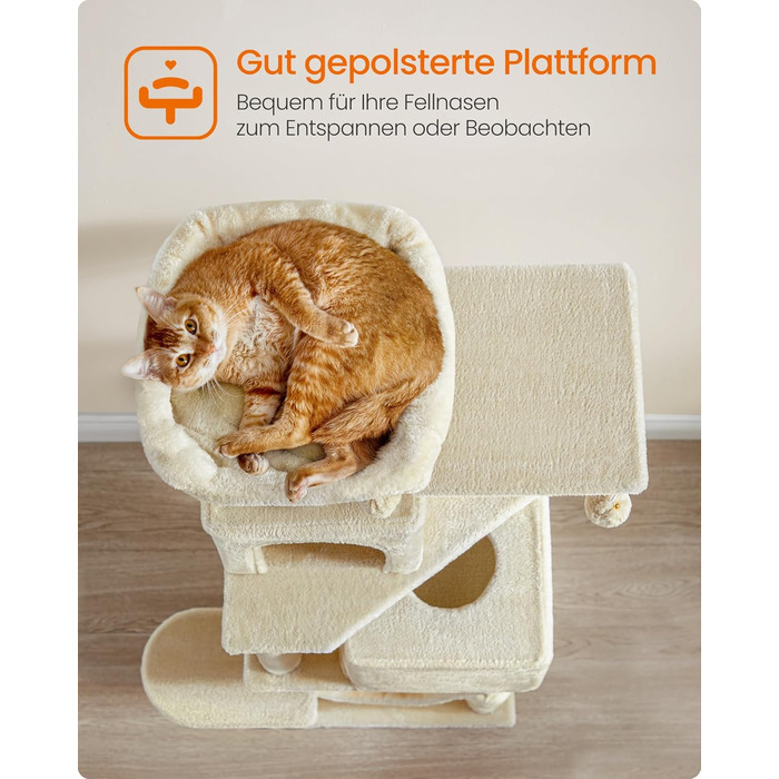 Драбина для котів Feandrea, 155 см, з 5 стовпчиками для шліфування, 2 платформами, 2 будиночками, гамаком, 2 іграшками-кульками, плюш, багатоярусна, бежева, PCT192M01