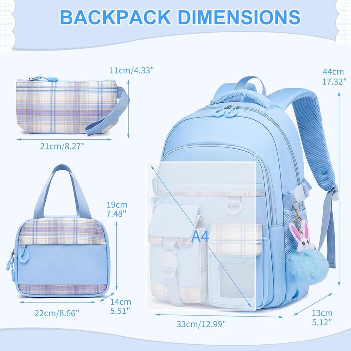 Шкільний рюкзак для дівчаток, водонепроникний та дихаючий, для 1-5 класів з відділенням для ноутбука, блакитний + ізольована ланч-сумка + пенал