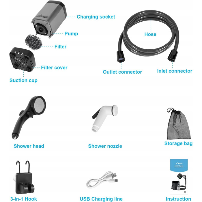 Кемпінговий душ WADEO 6000 мАг: мобільний outdoor-душ з LCD-дисплеєм та відром на 20 л