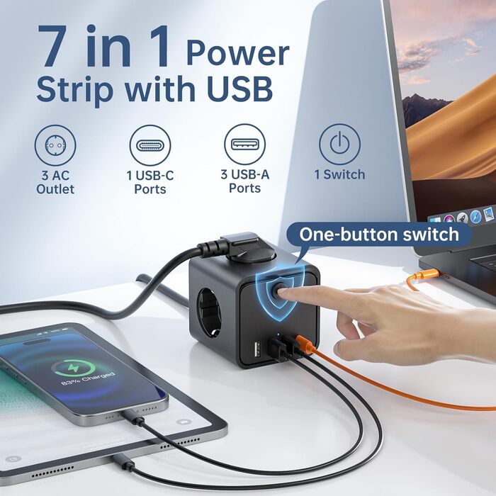 Мережевий фільтр подовжувач 7 в 1 з USB-портами, 3 розетки, з вимикачем, кабель 2 м, чорний — для дому та офісу