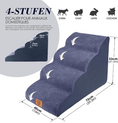 Dog Stairs for Small Dogs, 4 Steps Pet Stairs made of Foam with Waterproof Cover, Detachable Dog Ramp Cat Stairs for Sofa Bed, Send 1 Lint Roller (4 Step Blue Dog Stairs)