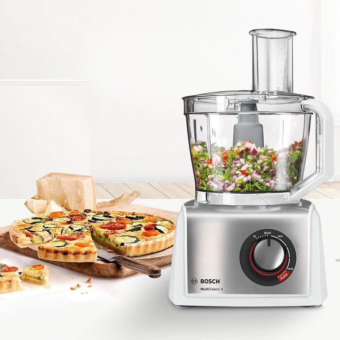Bosch Compact Kitchen Machine MultiTalent 8 MC812S814, 45 Functions, XXL Mixing Bowl 3.9 L, Mixer 1.5 L, Universal Knife, Whisk, Slice and Grate (fine, coarse), 1250 W, white/stainless steel