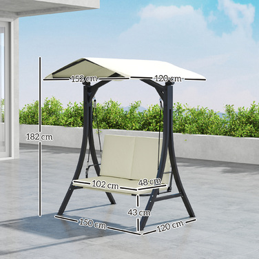 Outsunny Hollywood Swing with Adjustable Sun Canopy and Seat Cushion, Protective Cover, 2-Seater Garden Swing, Weight Capacity up to 220kg, UV 30+ Swing Bench for Garden, Patio, 150x120x182cm, Cream White | Aosom