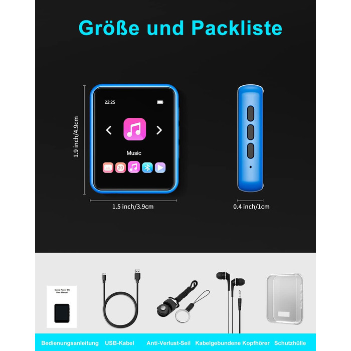 MP3 плеєр 32GB Bluetooth 5.0 з сенсорним екраном, Hi-Fi звук, металевий корпус, радіо, диктофон, підтримка до 128GB - блакитний