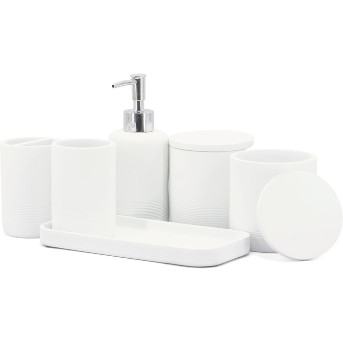 ZCCZ 4-Piece Bathroom Accessories Set, Black, with Soap Dispenser, Toothbrush Holder, Bathroom Tumbler, and Vanity Tray, Decorative Countertop Organizer (New White)