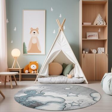 Дитячий килим круглий Elefant, короткий ворс, 120 см, блакитно-сірий. Килим в дитячу кімнату для дівчаток та хлопчиків, м'який, антиалергенний