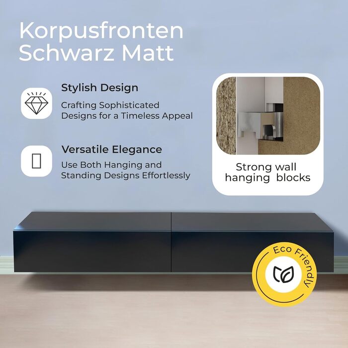 4housedesign® TV Board Lowboard Hanging | TV Cabinet Sideboard Living Room | Lowboard Living Room TV Shelf TV Board Hanging TV Cabinet TV 55 Inch - TV Lowboard Black Matt (200 (2x100), Black Matt)