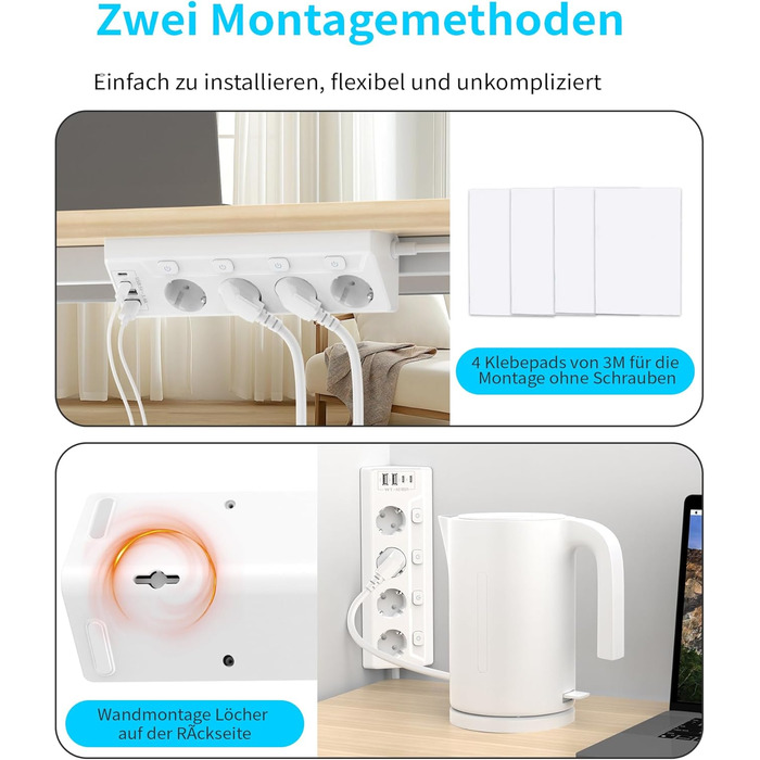 Многофункціональна мережева розетка з USB-C та захистом від перенапруги, 6 розеток, 2м кабель, 4000W, 16A, для кухні, дому, офісу (білий)