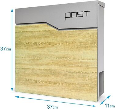 Поштова скринька Verda Anthracite з газетницею, порошкове покриття AkzoNobel, 2 ключі, табличка з іменем, персоналізована, дизайнерська настінна поштова скринька з нержавіючої сталі (срібло з виглядом дерева)