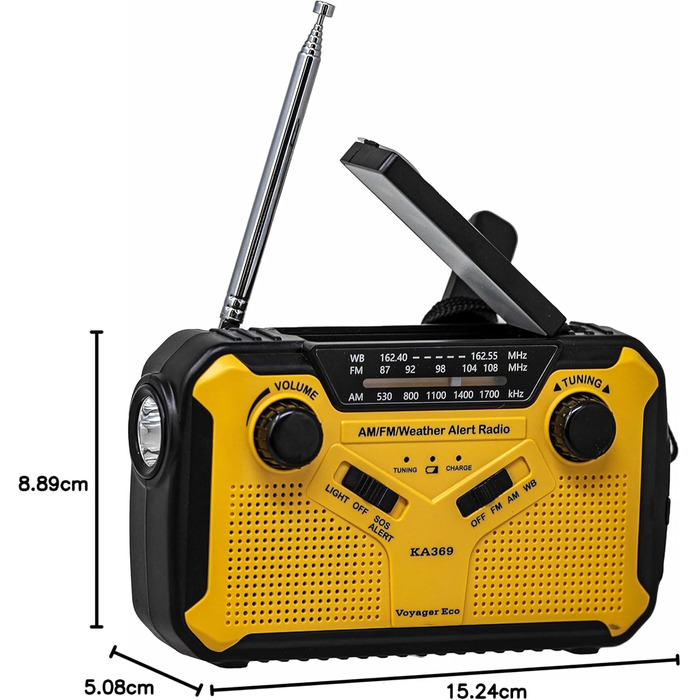 Радіо Kaito Voyager ECO з сонячною панеллю та ручним генератором, AM/FM/NOAA, LED-ліхтарик, USB-зарядка для телефону