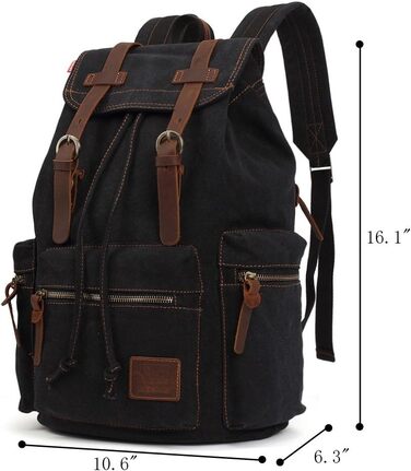 Чорний рюкзак KAUKKO 15 дюймів: стильний ретро-рюкзак для жінок та чоловіків, 27×16×41 см, велика місткість, ідеальний для подорожей, кемпінгу та активного відпочинку