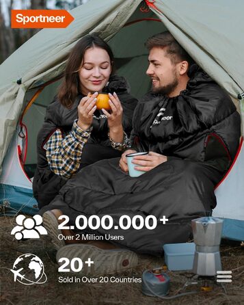 Спальний мішок Sportneer Outdoor для дорослих, всесезонний (3-4 сезони), теплий кемпінговий спальник-ковдра для подорожей та активного відпочинку, 220x85 см, чорний (температурний режим 10-26 °C)