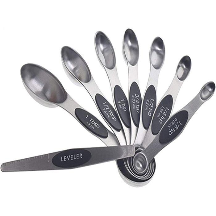 Measuring spoons, stainless steel, double-head measuring spoons, 8-piece set, spice scale, measuring spoons, measuring cups, scraper, baking tool (black, one size) (black, one size)