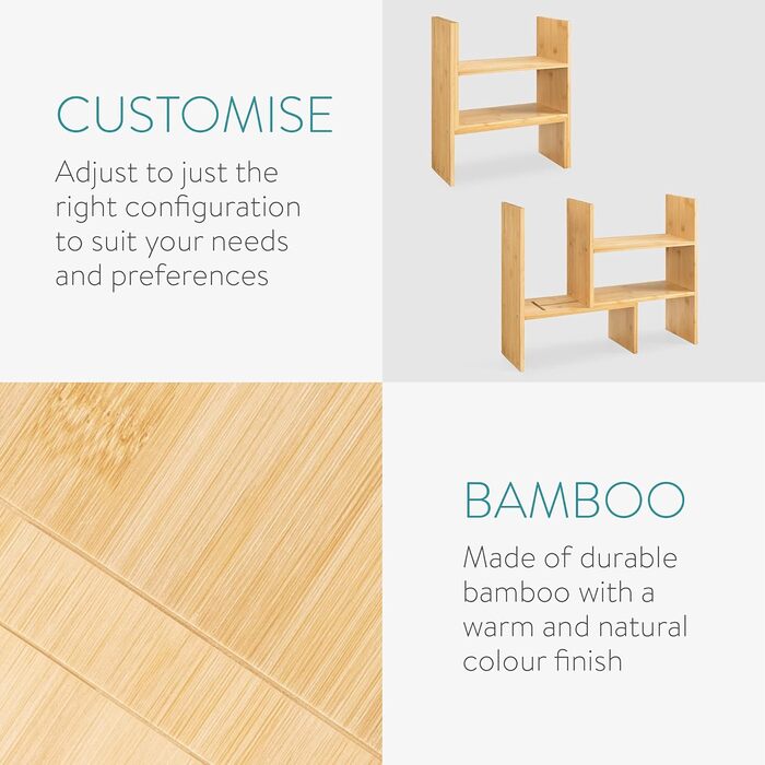 Navaris Acacia Desk Organizer 64x15.5x40 - Desk Shelf Organization System Adjustable - Corner Shelf for Kitchen Office Bathroom Shelf Attachment - Natural (Light Brown)