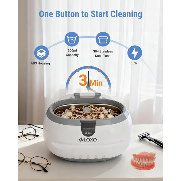 Ультразвукова мийка VLOXO 600мл, 42 кГц - для ювелірних виробів, інструментів, зубних протезів та годинників, бак з нержавіючої сталі, тиха робота, 50W