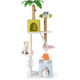 Дряпка для котів COSTWAY 97 см з печерою та лежанками, кігтеточка з сизалевого мотузка та дерев'яною основою, активний комплекс для котів, зелений+бежевий