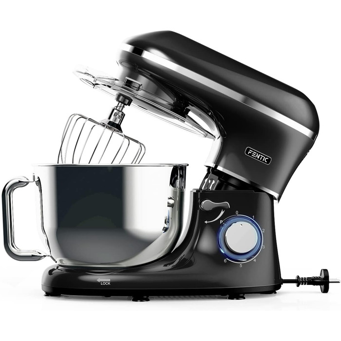 Fentic Stand Mixer - 2000W - Stainless Steel Mixing Bowl (6.2 L) - Stand Mixer with Dough Hook, Beater Hook, Whisk, and Splash Guard - Includes Additional Accessories - Black