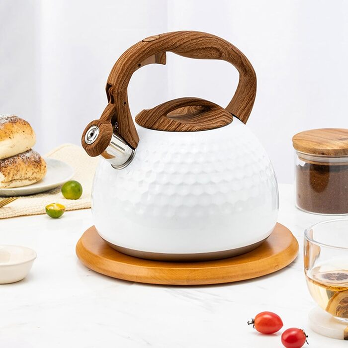 Чайник індукційний 3L з нержавіючої сталі з свистком, для плити, з дерев'яною ручкою, Off White