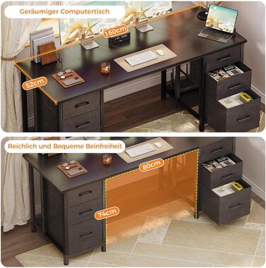 Комп'ютерний стіл Coleshome з 6 висувними ящиками, 160x52 см, з полицями для дому та офісу (чорний)