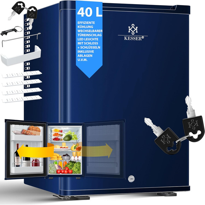 Міні-холодильник KESSER® 40L з замком: ідеальний для кемпінгу, офісу, спальні, готелю, кухні. Безшумний, з можливістю зміни дверцят та внутрішнім освітленням, з відкривачем для пляшок. Колір: Navy Blue