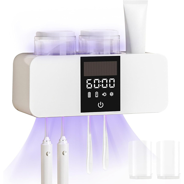 Toothbrush Cleaner and Wall-Mounted Toothbrush Holder, Cleaning and Air-Drying, LED Smart Display and Timer Function, Rechargeable, Wireless, Toothbrush Holder for Bathroom (White/Opulent Garden)