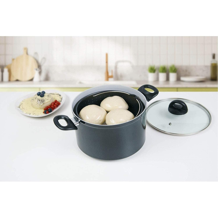 Набір керамічних каструль Genius Cerafit Magic Pot 24 см, 6,4 л з друшляком і скляною кришкою, універсальний для всіх плит, чорний