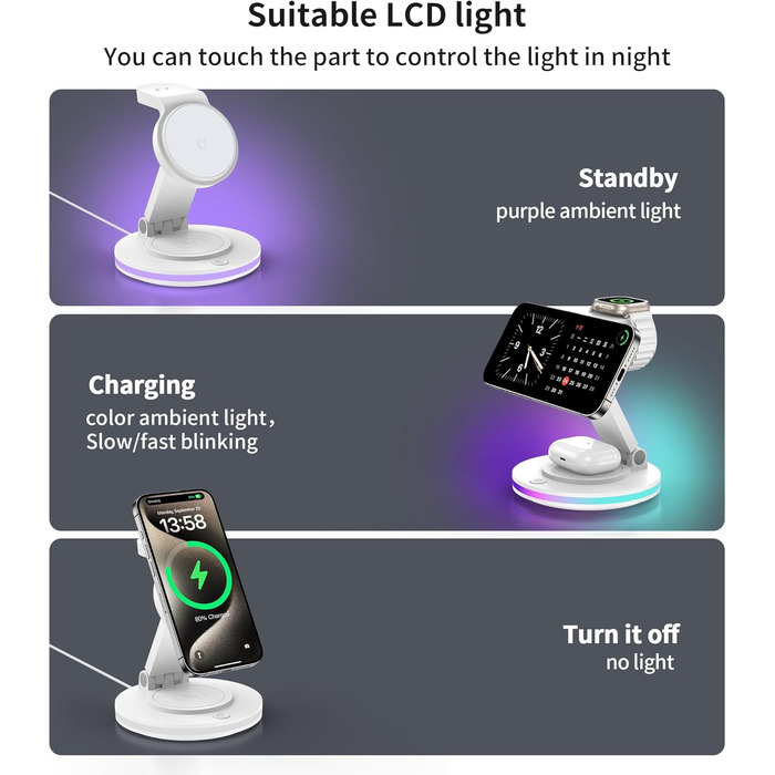 Бездротова зарядка MagSafe 3-в-1: зарядний стан для Apple Watch, iPhone 16/15/14 з нічним світлом, поворотний