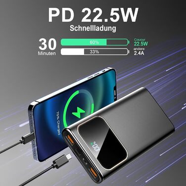 Power Bank 10000mAh з LED-дисплеєм, 22.5W PD3.0/QC4.0, USB-C, чорний