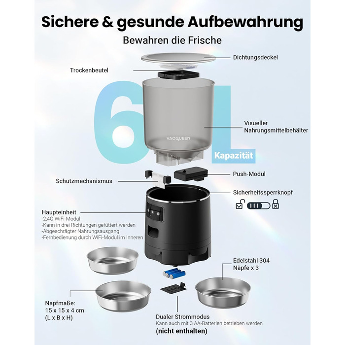 Автомат годівлі для котів з APP та таймером, 6 л / 25 порцій, 3 миски, 3 пакетики силікагелю, система запобігання застряганню, WiFi 2.4G, запис голосу, чорний