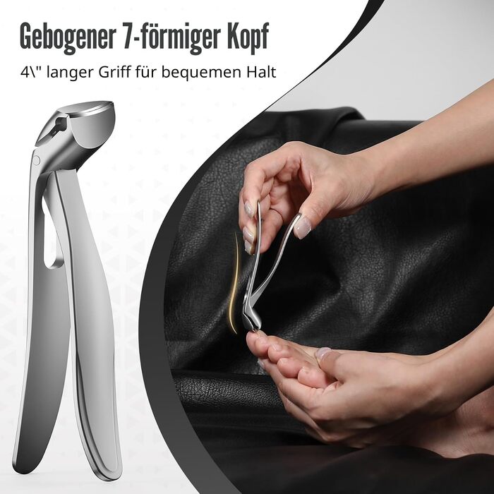 Кусачки для нігтів на ногах FERYES з вигнутим кінчиком та довгим ergonomic-ручкою для літніх людей, для товстих нігтів з контейнером для зрізів, чорний/сріблястий