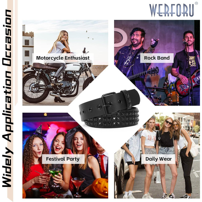 Чоловічий/Жіночий шкіряний ремінь WERFORU з пряжками в стилі панк-рок, чорний, розмір 90-100 см
