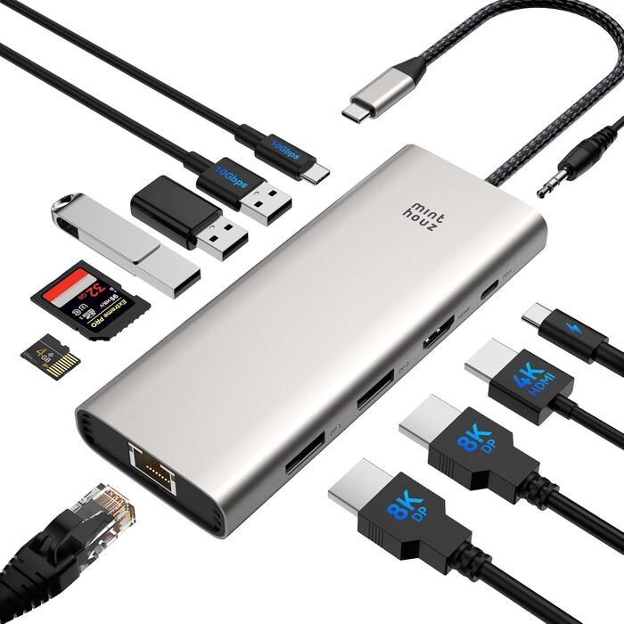 Док-станція Minthouz USB-C для HP, Lenovo, Dell: 12 в 1, 8K@30Hz/4K@144Hz, 4xUSB, 100W PD, 2.5G LAN, SD/TF, 3.5mm, Thunderbolt 3/4