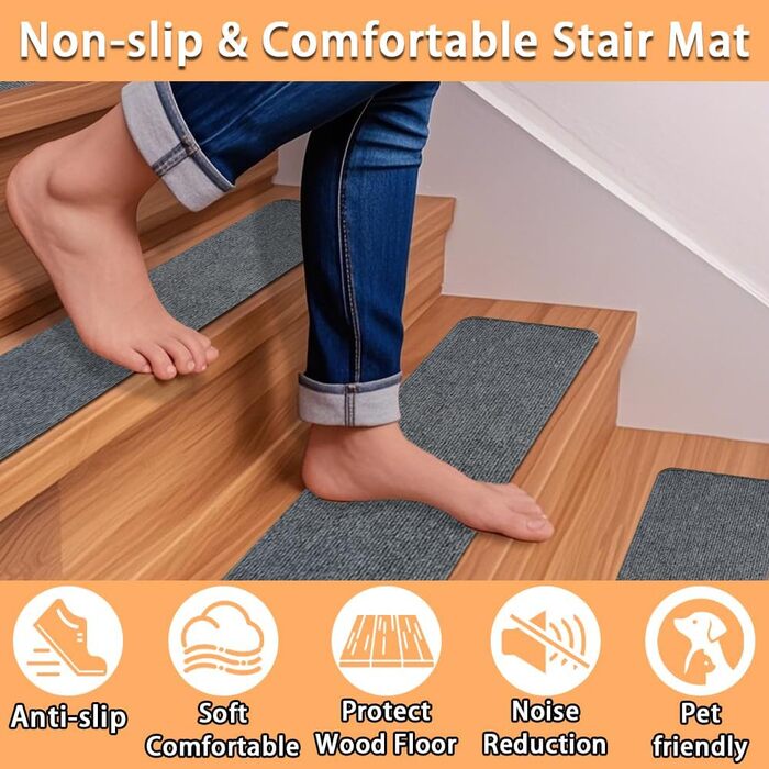 Набори килимків для сходів Aucuda, 15 шт., сірі, 76x20 см, антиковзаючі, самоклеючі, для захисту дерев'яних ступенів