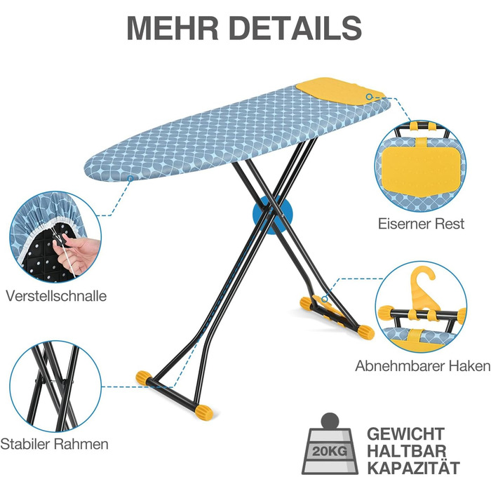 KINGRACK Прасувальна дошка з інтегрованою підкладкою з силікону, компактна та економна, з надзвичайно товстою поверхнею, 7 рівнів регулювання висоти, для підвішування на стіну та у шафу – 38x121 см, жовта