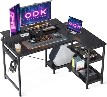 Кутовий стіл ODK з полицею, ігровий стіл L-подібної форми з підставкою для монітора, комп'ютерний стіл для домашнього офісу, коричневий, 120x80x88 см