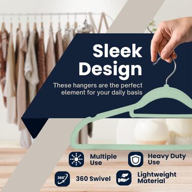 Набір плечиків для одягу з оксамиту, 50 шт., м'ятно-зелені. Плечики для одягу з антиковзаючим покриттям, з органайзером для краваток, обертаються.