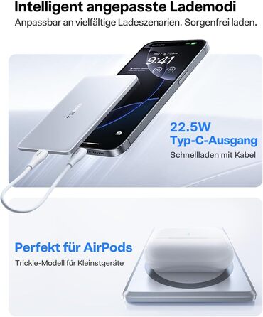 TORRAS MiniMag Ultra Slim Powerbank з MagSafe для iPhone 17 Pro Max, 5000mAh, Швидка зарядка, Бездротовий акумулятор, USB-C, Серія Titan (Сріблястий)