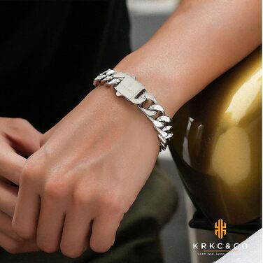 Чоловічий браслет KRKC&CO, кубинський ланцюг, 18 мм, Miami Iced Out, кубинське панцерне з'єднання, 18-каратне золото, міцний, Urban Streetwear, браслет у стилі хіп-хоп для чоловіків (срібний, 14 мм, 22.9 см)