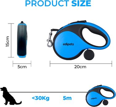 Edipets Висувна/Звичайна повідка для собак, 5 м, 8 м, гнучка, для тренувань та прогулянок, для малих, середніх та великих собак (Блакитний, 5 метрів)