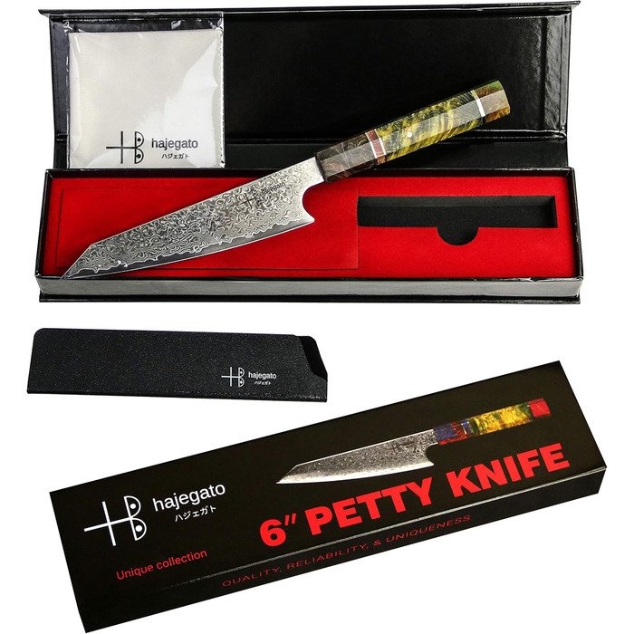 Професійний кухонний ніж Petty Hajegato Damast VG10 15.2 см, 67 шарів дамаської сталі