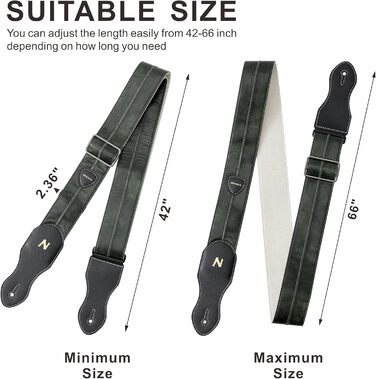 Гітарний ремінь Nefelibata з кишенею для медіатора, 2.3-дюймовий веганський шкіряний ремінь для гітари в стилі Porter, вінтажний стиль 30-х років, з медіаторами, кнопками та замками. Регульована довжина від 42 до 66 дюймів (зелений)