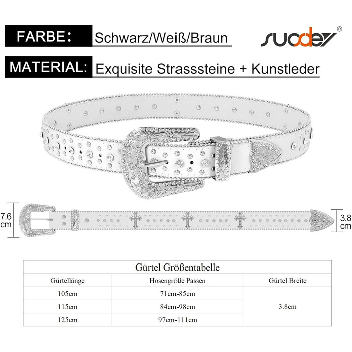 Чоловічий та жіночий шкіряний ремінь SUOSDEY з стразами, ковбойський стиль, 105 см, розмір 71-85 см