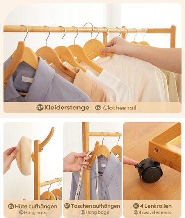 Yorbay Bamboo Clothes Rack with Wheels, with Clothes Rail, 3 Shelves and 6 Hooks, Tree Shape, 100 x 38 x 176 cm (Natural)