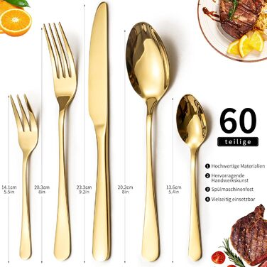 LAZAHOME Cutlery Set, Stainless Steel Mirror Polished 60-Piece Cutlery Set for 12 People, Dining Cutlery Set with Knife Fork Spoon for Family/Party/Hotel/Restaurant, Gold Flatware, Dishwasher Safe Gold 60 Pieces