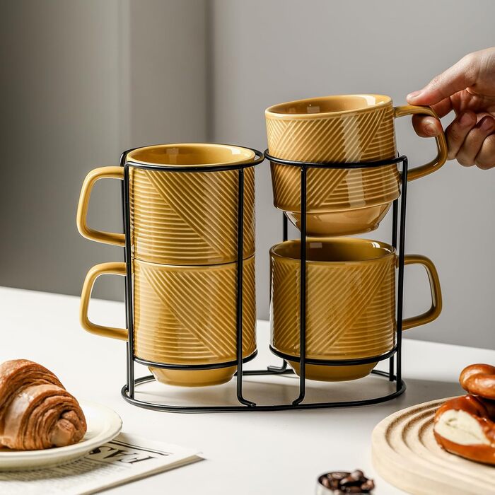 Набір кавових чашок з підставкою: 4 шт., 370 мл, кераміка, для лате/капучино, кольорові, Senfgelb